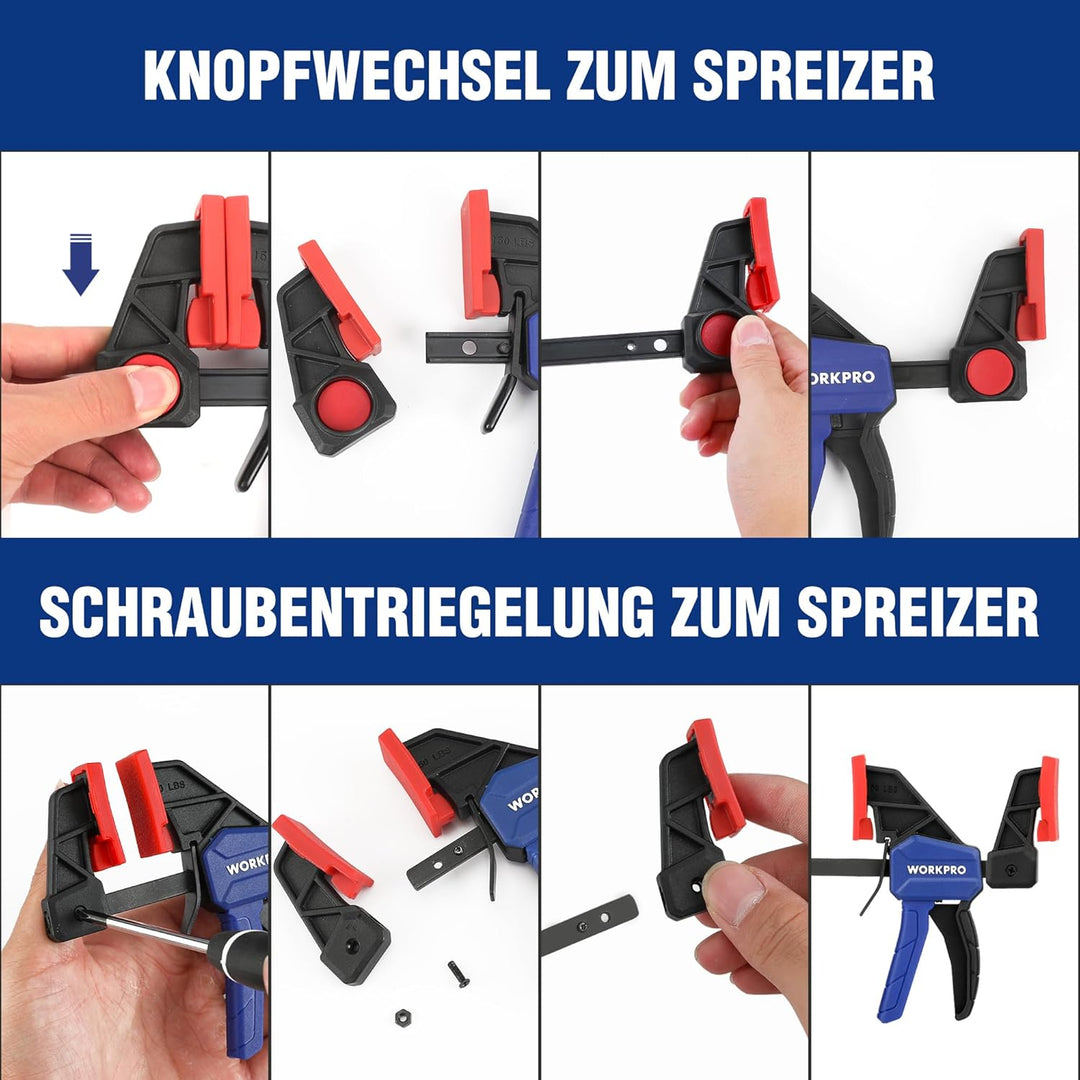 WORKPRO Einhandzwingen Set 4 Stück Schraubzwingen Spanner, Spannweite 120mm/150mm, Dehnbereich 200mm
