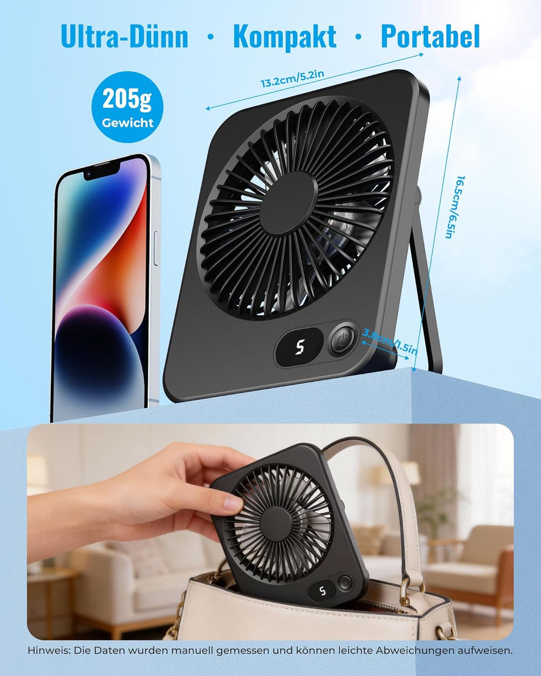 Tischventilator Kleiner - USB Ventilator mit 5 Stufen, 180° verstellbar, Ultra-Slim 3,8 cm, LED-Disp