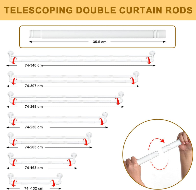 INFLATION Industrielle Doppel-Gardinenstangen, mattweiss Vorhangstangen für Fenster 74-340 cm, 2,5 c