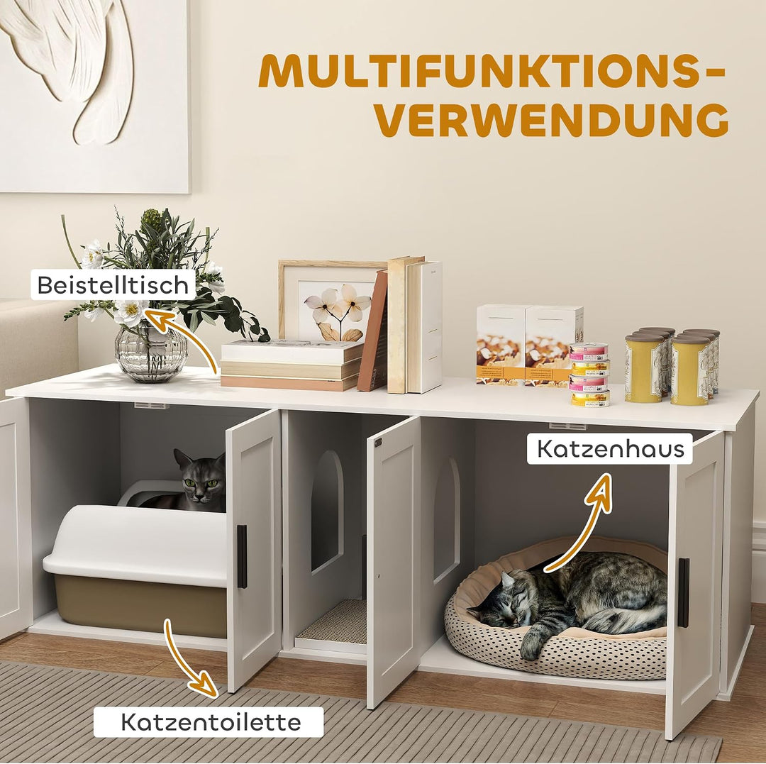 PawHut Katzenklo-Schrank 3 in 1 für Grosse Katzen 145 x 49 x 51 cm Weiss | Katzenschrank, Versteckte