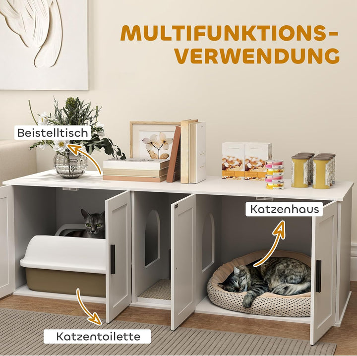 PawHut Katzenklo-Schrank 3 in 1 für Grosse Katzen 145 x 49 x 51 cm Weiss | Katzenschrank, Versteckte