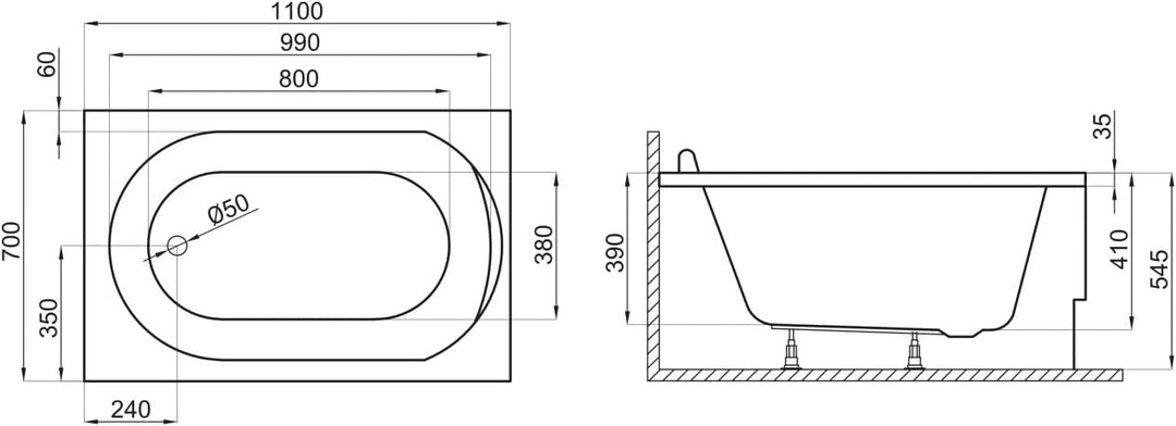 KOLMAN Badewanne MINI Rechteck 110x70 ohne Verkleidung, Ablaufgarnitur und Füssen Komplettset 3in1 P