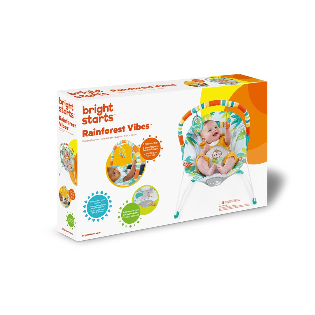 Bright Starts, Rainforest Vibes Wippe mit Vibrationen, Spielbogen, 2 Spielzeugen, Sicherheitsgurt un