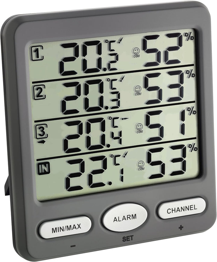 TFA Dostmann Klima-Monitor Funk-Thermo-Hygrometer mit 3 Sendern, 30.3054.10, ideal zur Klimaüberwach