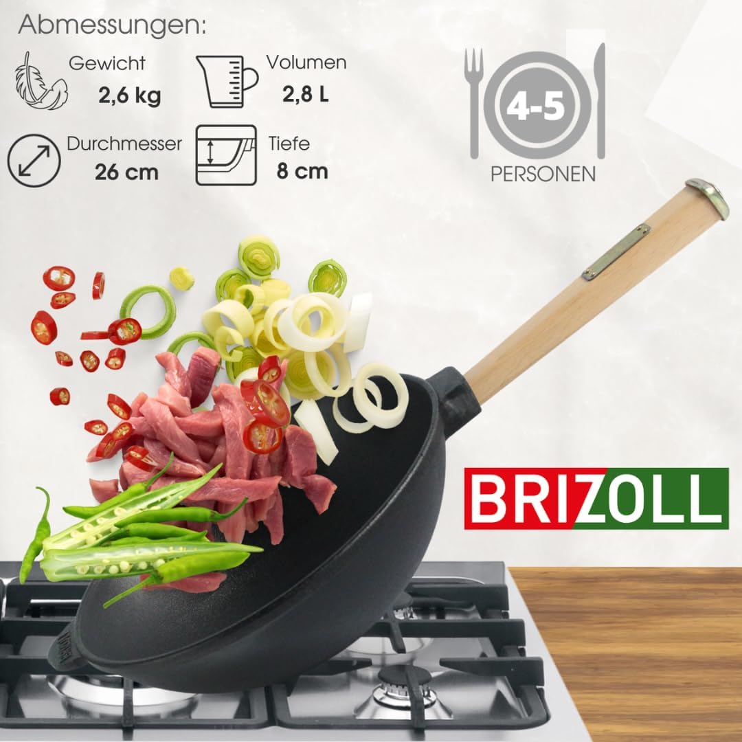 4BIG.fun Wokpfanne mit Holzgriff 26 cm aus Gusseisen Wok 2,8 L Outdoor Stielpfanne Camping Grillpfan