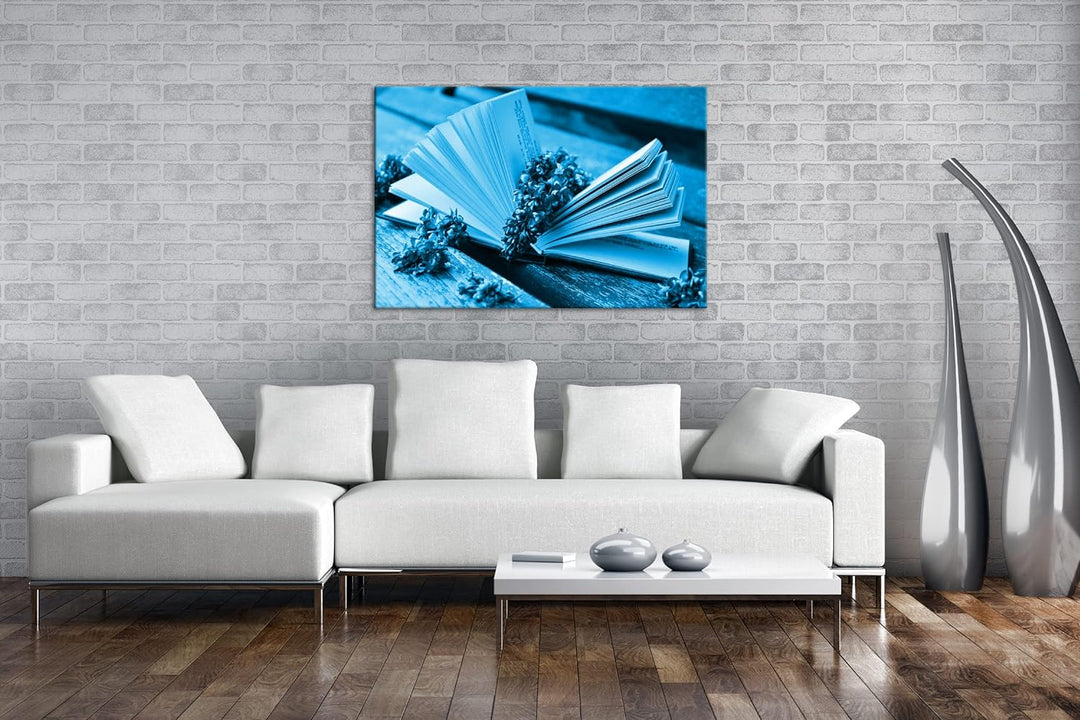 deyoli Aufgeschlagenes Buch mit Fliederzweigen Format 100x70 Effekt: Monocrome Blau als Leinwandbild