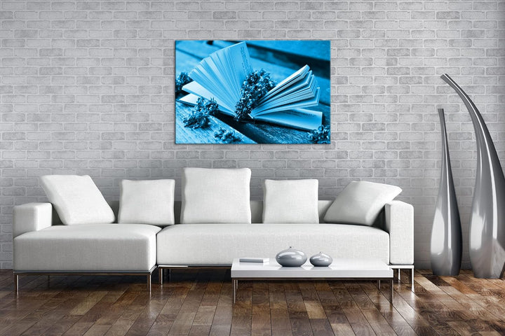 deyoli Aufgeschlagenes Buch mit Fliederzweigen Format 80x60 Effekt: Monocrome Blau als Leinwandbild,
