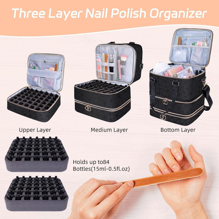 Nagellack Aufbewahrung Make Up Koffer für 84 Nagellackflaschen und 1 LED-Nagellampe,Make Up Organize