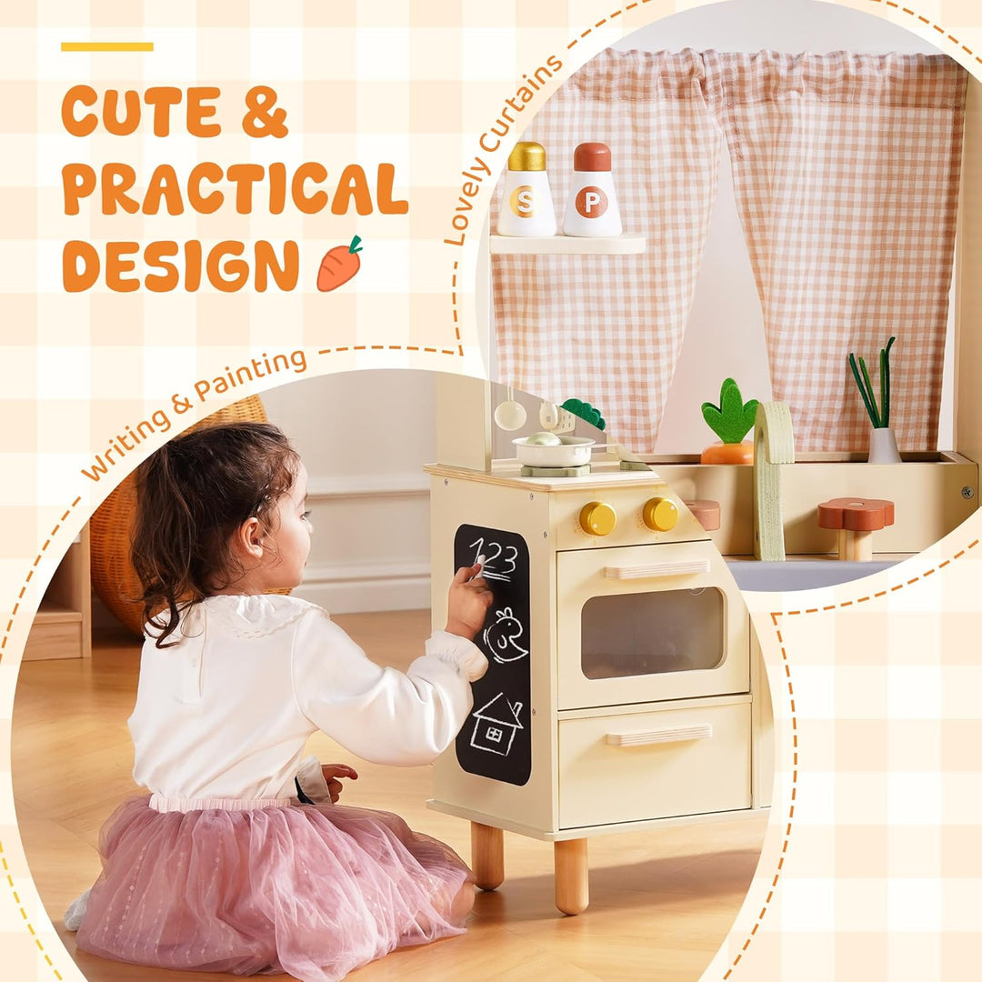 ROBUD Kinderküche aus Holz – Spielküche mit Kühlschrank, Eiswürfelspender, Backofen & Zubehör, Rolle
