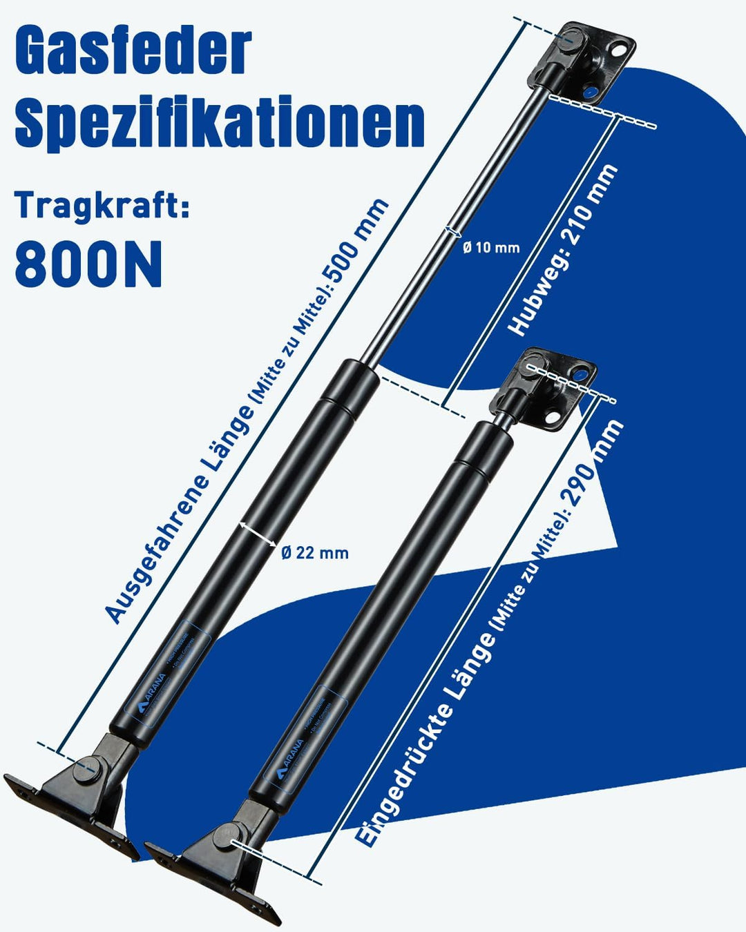 ARANA Gasdruckfedern 500 mm, 800 N zur Stützung schwerer Klappen, 2 Stück 500mm 800N, 500mm 800N