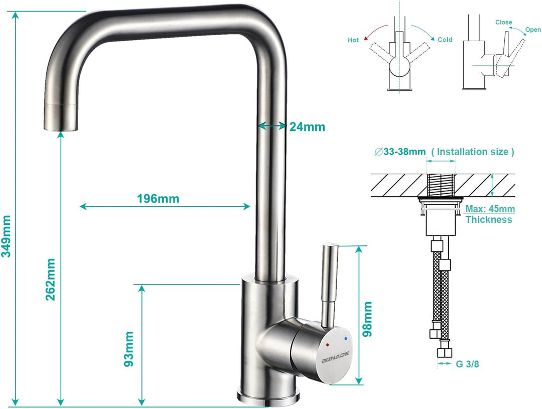 BONADE Wasserhahn Küche Mischbatterie 360° Drehbar Küchenarmatur aus SUS304 Edelstahl Hochdruck Arma