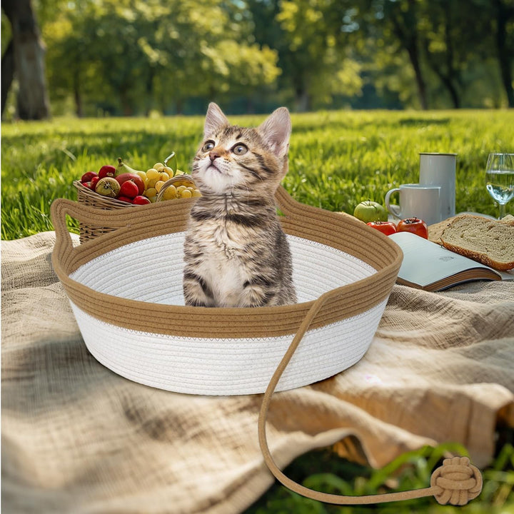 Katzenbett mit Spielzeug Schwanz, Handgewebt Langlebig Katzenkorb aus Rundbaumwollseilen als Katzens