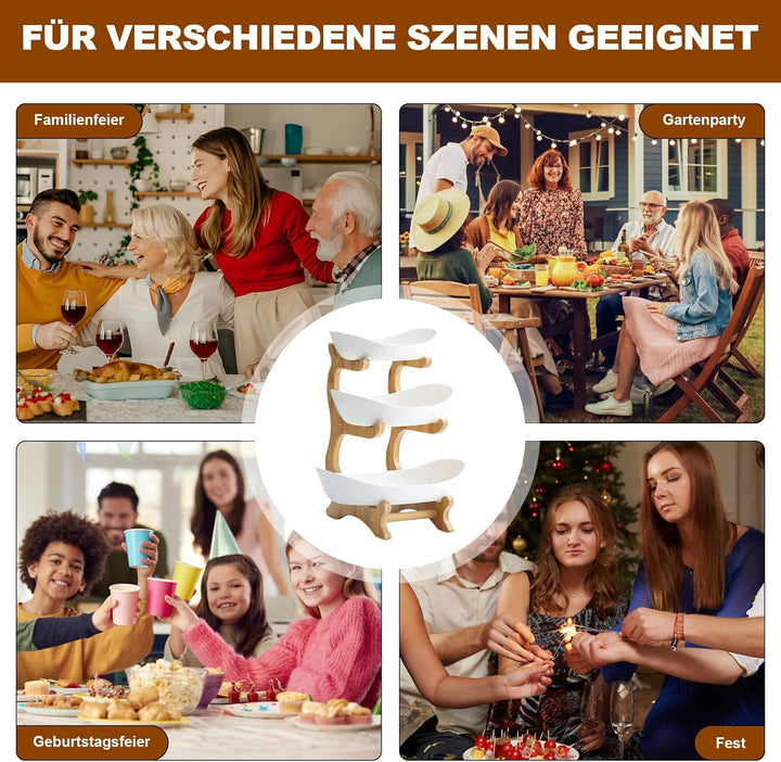 Keramik Obst Etagere mit 3 Etagen, Obstschale Modern Weiss mit Natürliche Bambus Steher, Platzsparen