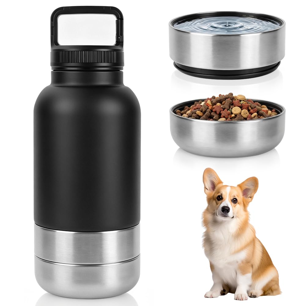 HOTUT Trinkflasche Hunde für Unterwegs 1000ml, 3 in 1 Wasserflasche mit 2 Futternapf, Isolierte Edel