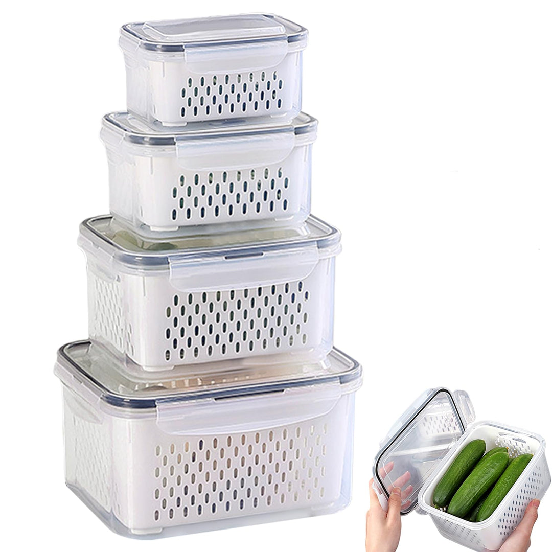 Kühlschrank Organizer 4er Set – Frischhaltedosen mit Deckel & Siebeinsatz (380+800+1700+3150ml) – St