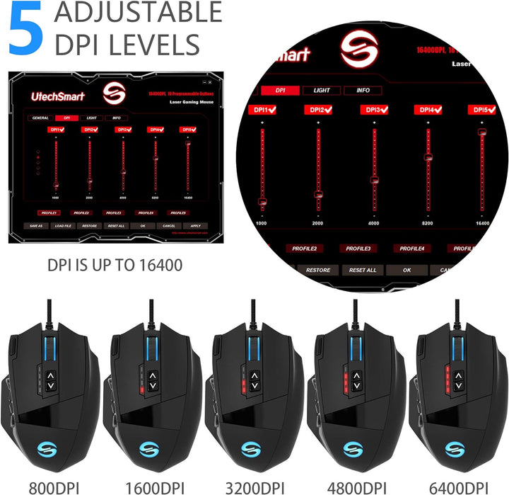 UtechSmart Venus Gaming Maus 16400 DPI USB Laser MMO Gaming Mouse, 18 programmierbare Tasten,16400 D