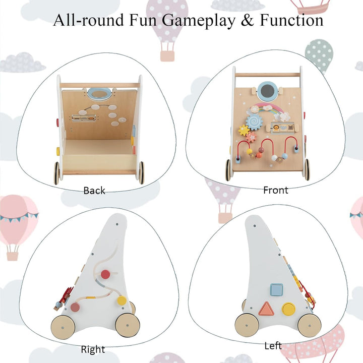 LIFEZEAL Lauflernwagen Holz, Lauflernhilfe mit Stauraum, Bauklötzen &amp; Spielboard, Baby Walker ab 36