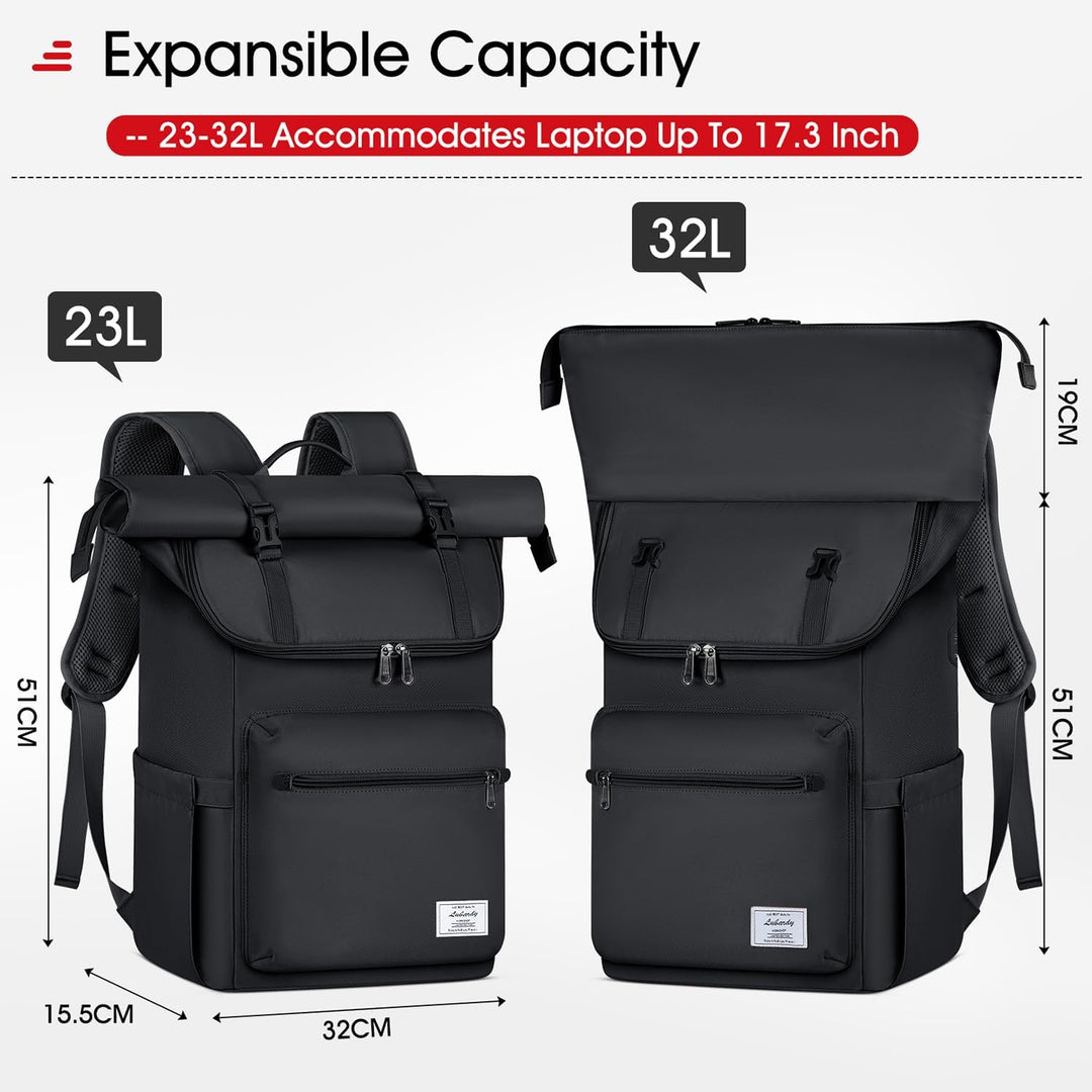 Lubardy Rolltop Rucksack Herren Damen Wasserdicht Rucksack Herren Laptop Rucksack 17,3 Zoll mit USB-