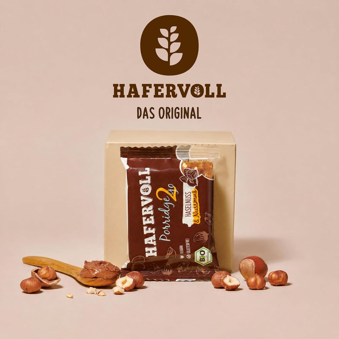 Hafervoll Porridge2go Haselnuss &amp; Nussmus, 13 x 55g Riegel - Vegan, Bio, Glutenfrei, Naschen ohne Zu