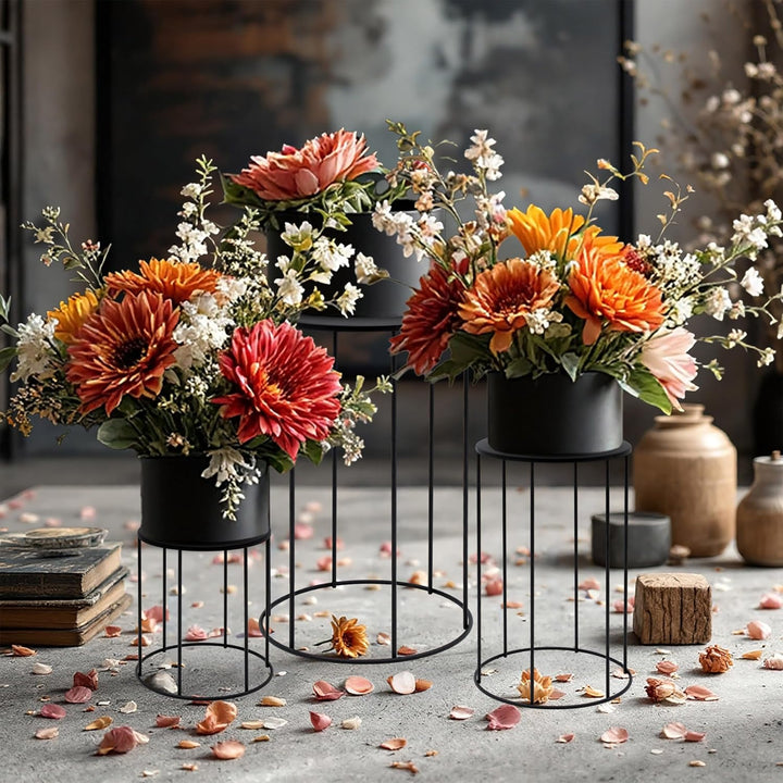 Spetebo Metall Blumenhocker 3er Set rund schwarz - 39, 29 und 19 cm - Industrial Design Pflanzenstän