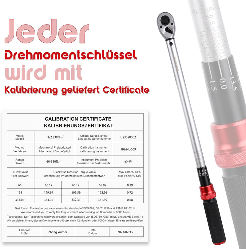 UYECOVE Drehmomentschlüssel 1/2 Zoll, 60-330 NM Drehmomentschlüssel Auto, ±3% Hohe Präzision, 72 Zä