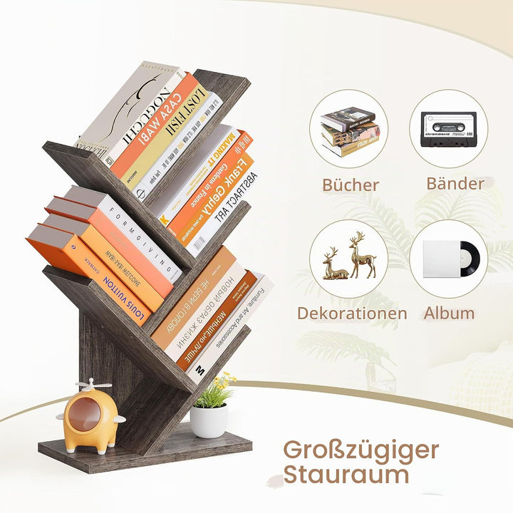 Hoctieon Bücherregal Baumform, Standregal mit 4 Ebenen, Bookshelf Bookcase Holz Eckregal Stehend für