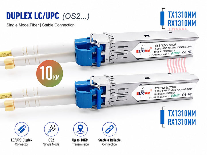 Elfcam® – 1,25 Gbps SFP Transceivermodul, Glasfaseranschluss LC/UPC Duplex (1310nm, 10KM), 1310nm, 1