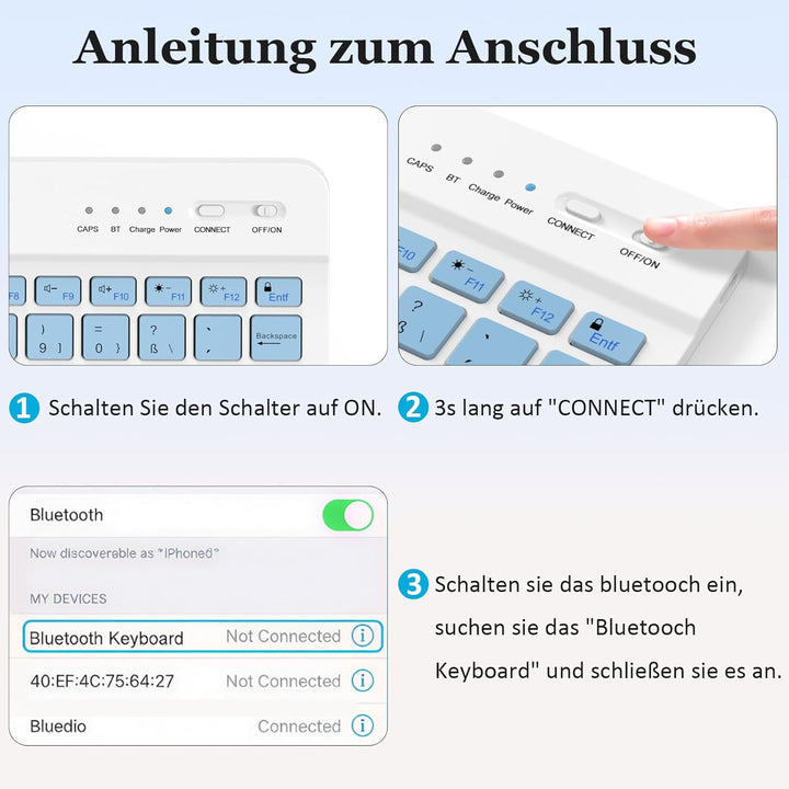 Kabellose Tastatur, Deutsche Bluetooth Tastatur für iPad Air/Pro/Mini/iPhone/Samsung/Huawei/Tablet,