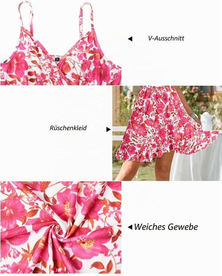 ULTRANICE Damen Sommerkleider Blumenmuster Kleid V-Ausschnitt Strandkleid Verstellbaren Spaghettiträ