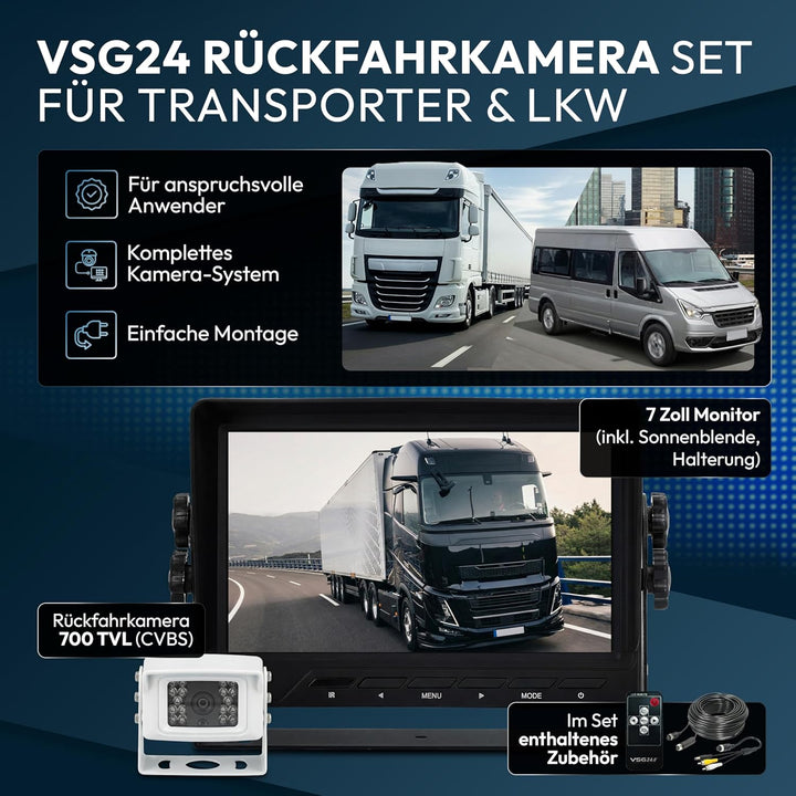 VSG24 Rückfahrkamera 7" Transporter-Set Transit inkl. Kamera, Monitor, Kabel - Wasserdicht Nachtsich