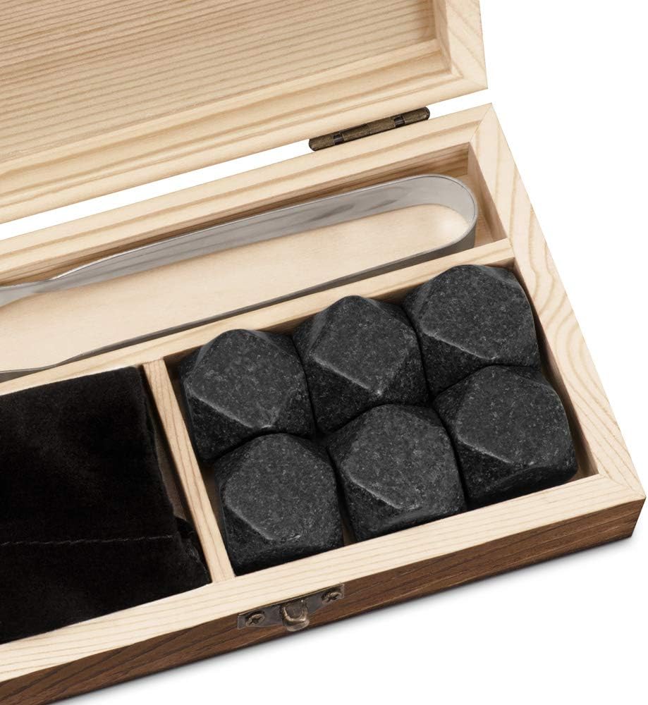 Maverton Whisky Steine Set - in Holzbox mit Gravur - 6 Eiswürfel + Zange + Velourbeutel - wiederverw