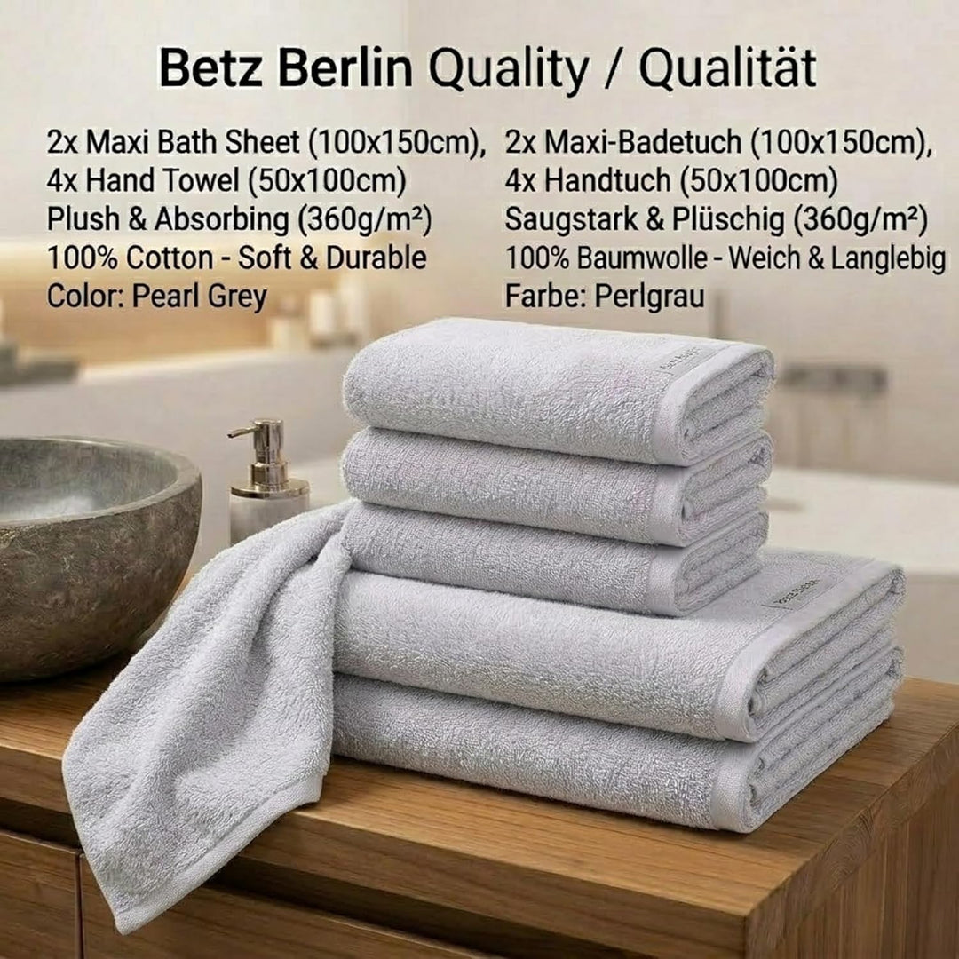 Betz Berlin 6er Set 2X Maxi Duschtuch 100 x 150 cm 4X Handtuch 50 x 100 cm 100% Baumwolle Farbe Silb