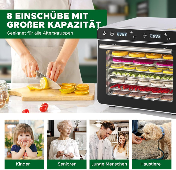 Kwasyo Dörrautomat Edelstahl DA 800, 8 Edelstahl-Dörrtabletts, LED-Display, 24 Std. Zeitschaltuhr,Te