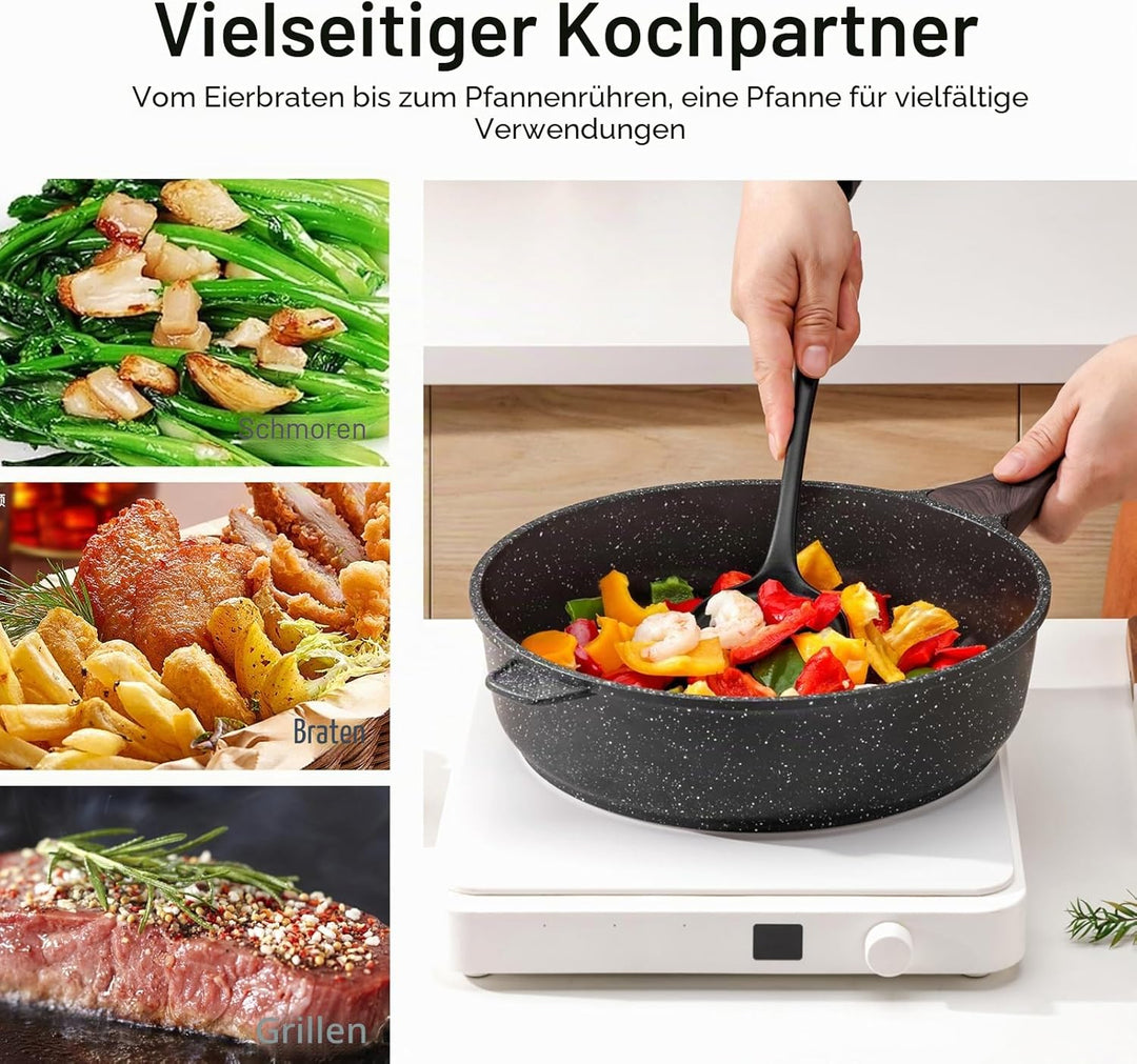 Kordisen Antihaft Tiefe Bratpfanne mit Deckel, 26 cm Granitbeschichtung Pfanne, Induktion Kompatibel