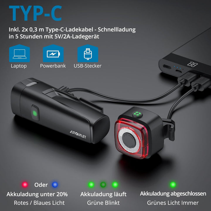 AUTOUTLET Fahrradlicht Set StVZO Zugelassen, 20/40 LUX LED Fahrradbeleuchtung USB-C Aufladbar bis zu