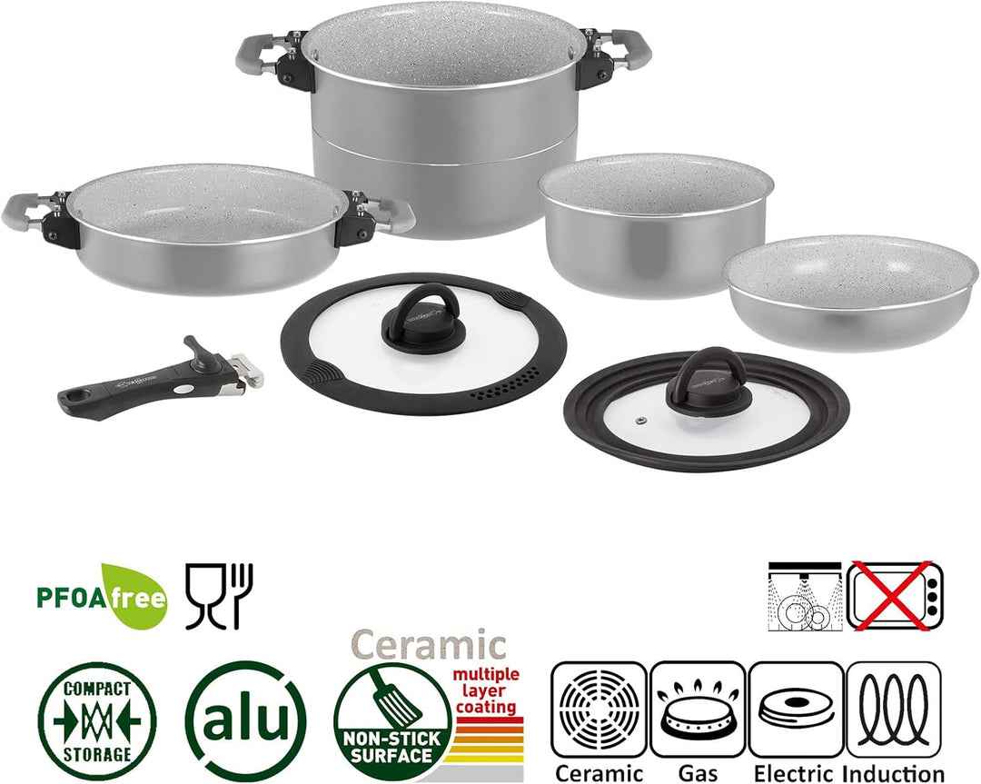 BRUNNER: Camping Topf-Set (Kochtöpfe, Bratpfanne, Deckel & Griff) FUSION 7+1-teilig (22-cm Durchmess