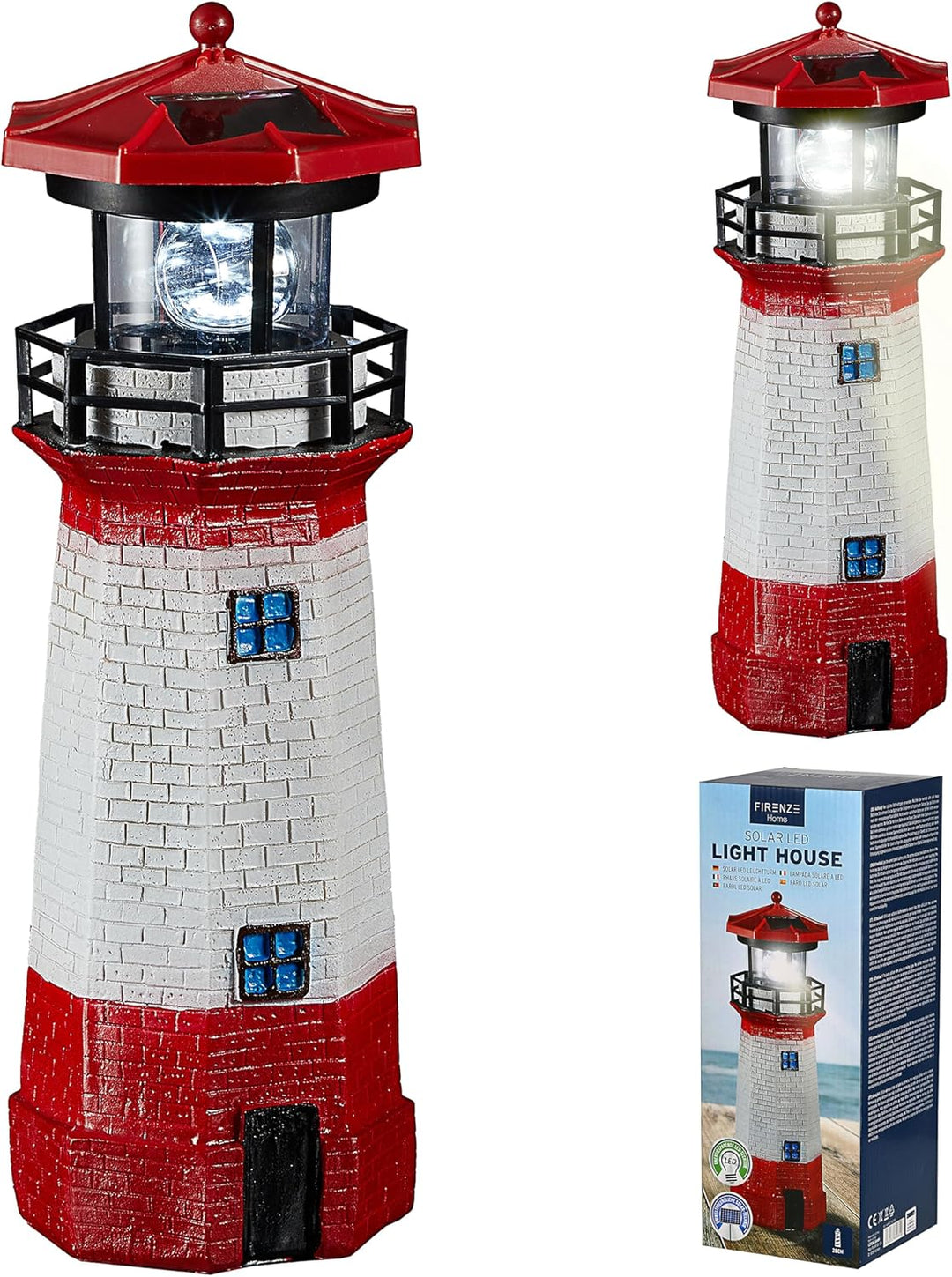 Cepewa LED Solar Leuchtturm | H28cm rot weiss | Gartendeko Leuchtfeuer Turm Leuchtfeuer Solarbeleuch