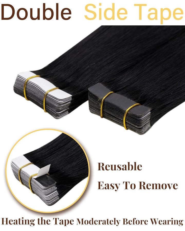 Hetto Tape in Extensions Echthaar Schwarz 60cm 20Stück 50g - Extra Lange Tape Extensions für Atember
