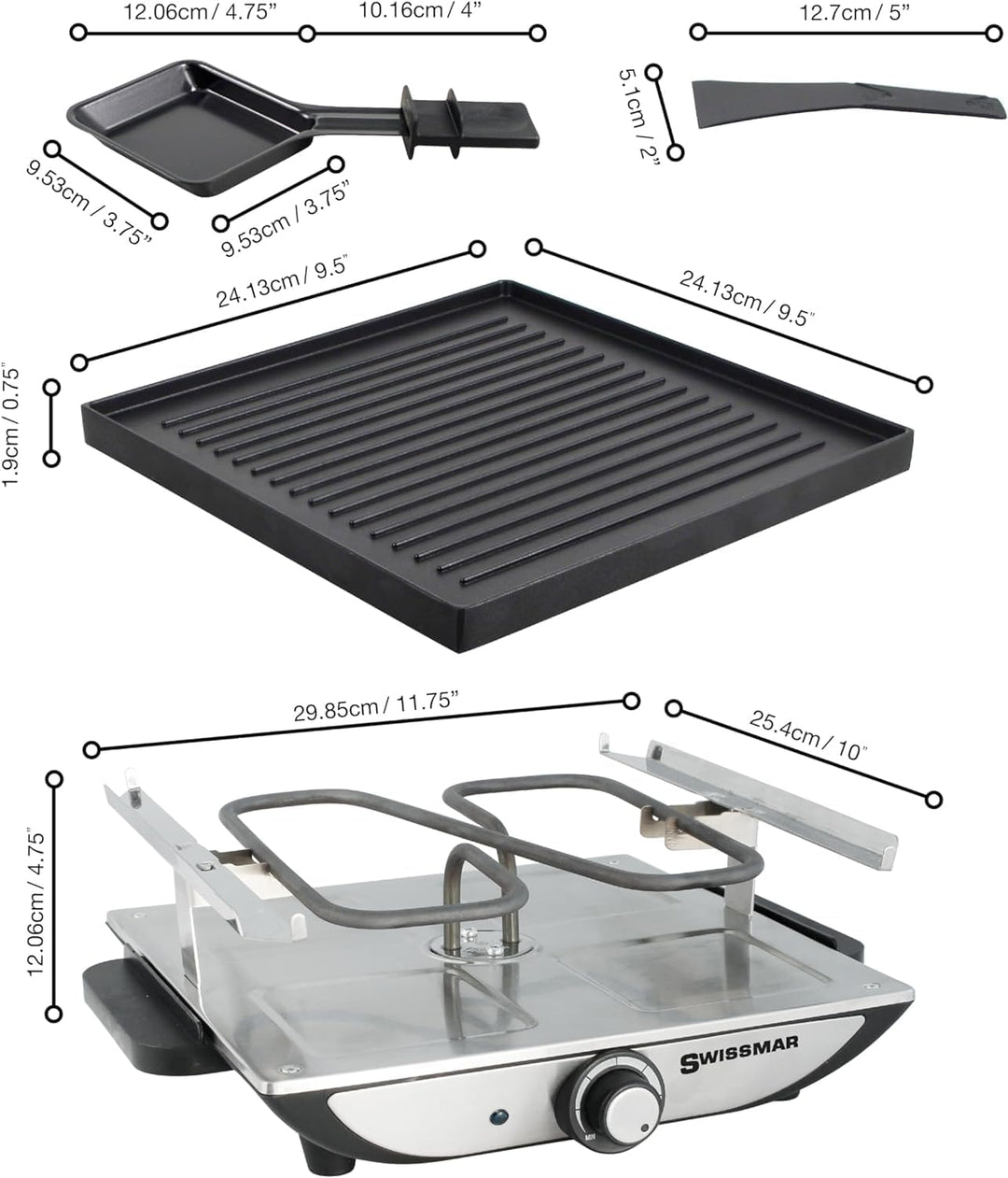 Swissmar Geneva Raclette 4 Personen, Raclette Grill mit Pfännchen und Schiebern, Mini Raclette-Grill