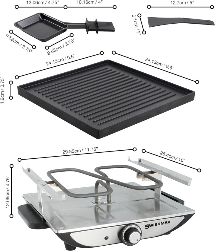 Swissmar Geneva Raclette 4 Personen, Raclette Grill mit Pfännchen und Schiebern, Mini Raclette-Grill