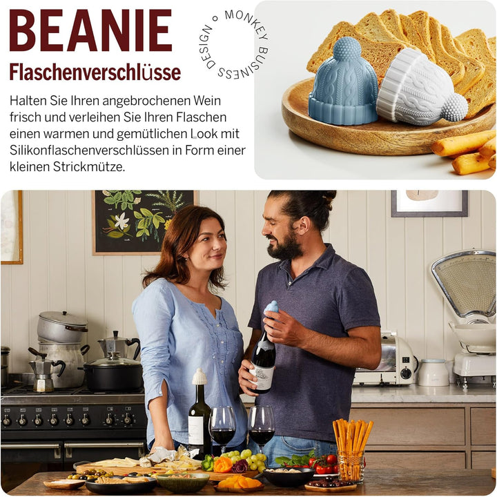 Monkey Business Set aus 2 Weinstopfen für Weinflaschen, Skurriles Weinzubehör, Strickmützen-förmige