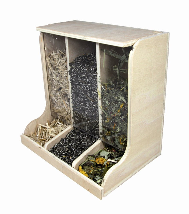 10474 Futterbar, Körnerteiler 3-Fach Holz/Glas