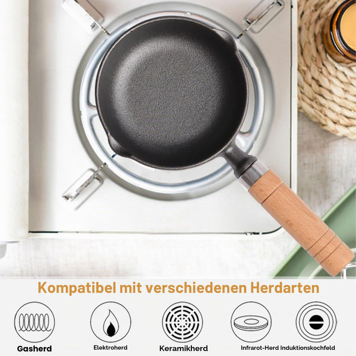 Gusseisen Schmelztopf, 11cm Mini Antihaft Topf Gusseisen, Pfanne Eier Bratpfanne mit Holzgriff, Öl H