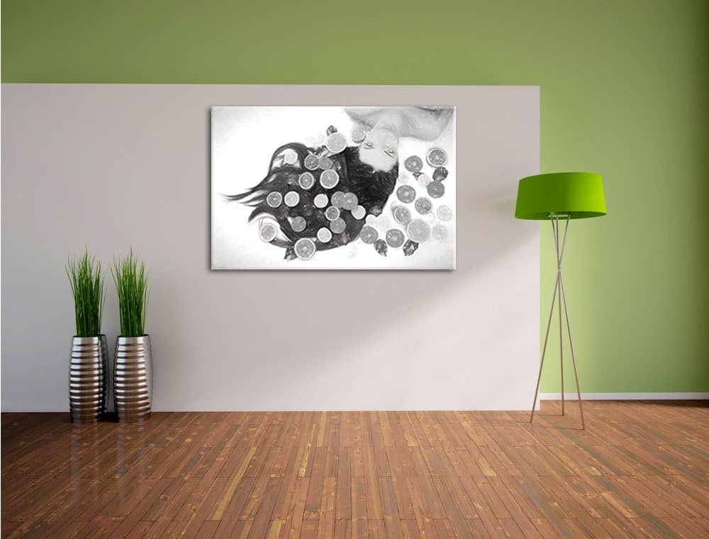 Pixxprint Hübsche Frau mit Obstscheiben Kohle Zeichnung Effekt, Format: 100x70 auf Leinwand, XXL rie