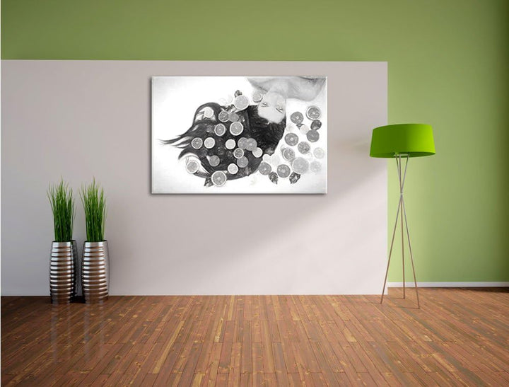Pixxprint Hübsche Frau mit Obstscheiben Kohle Zeichnung Effekt, Format: 100x70 auf Leinwand, XXL rie