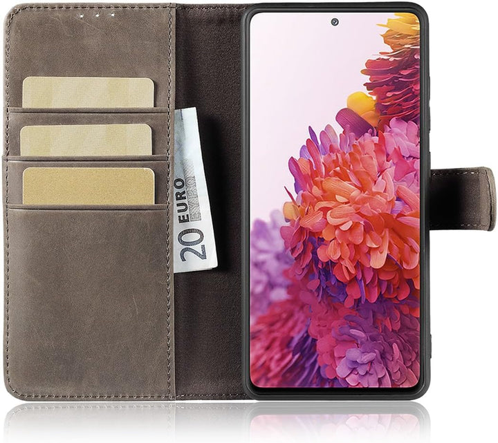 LENSUN Lederhülle für Samsung Galaxy S20 FE, Echtleder Hülle [Bookstyle][RFID Blocker][Echtes Leder]