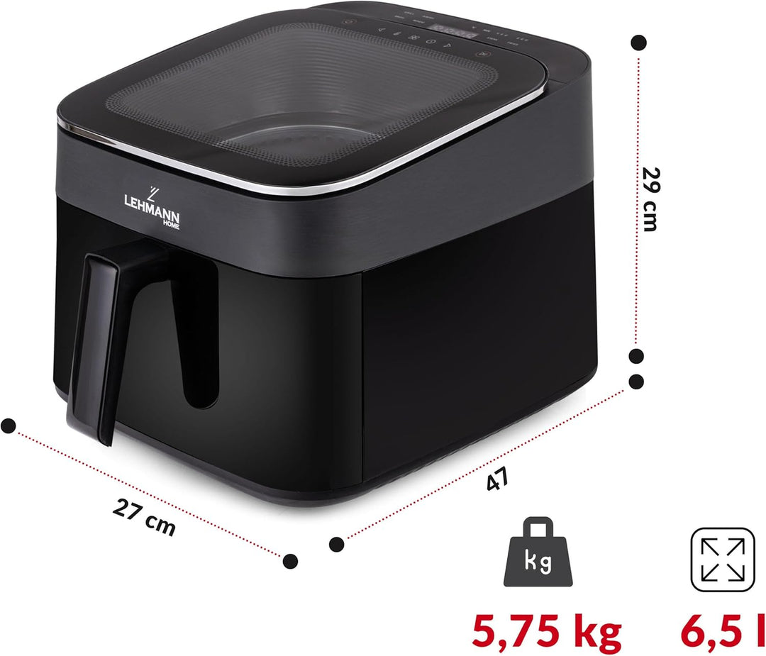 LEHMANN XL Heissluftfritteuse 6,5L, Airfryer mit oberem Panorama-Sichtfenster & Beleuchtung, Touchdi