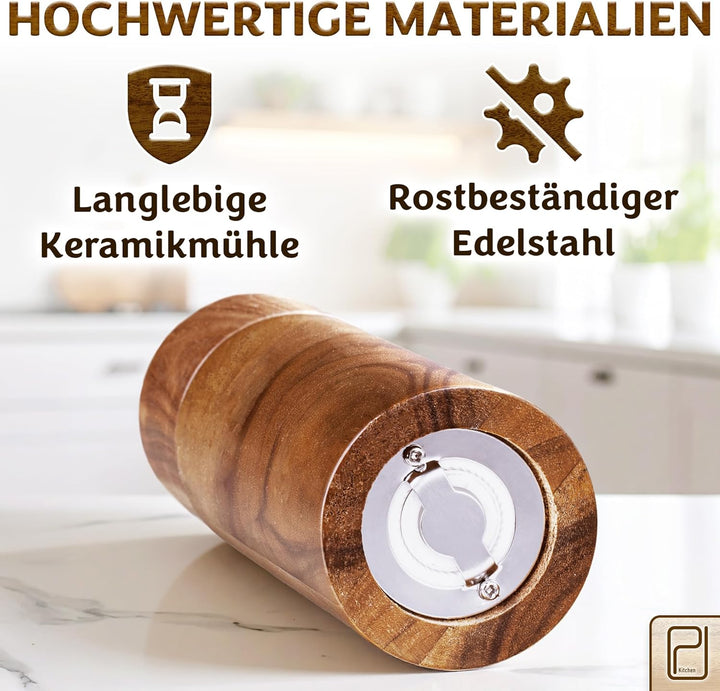 Grosses Salz- und Pfeffermühlenset - 28 g, Mühlen aus Akazienholz - Nachfüllbare manuelle Grobkorn-S