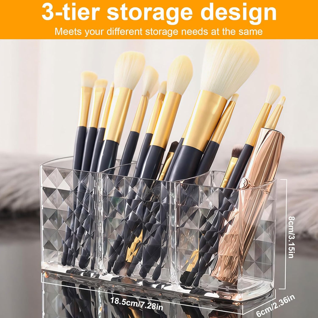 Kosmetik Organizer, 2-Pack Acrylic Pinselhalter, 3 Fächern Kristall Makeup Pinsel Halter, Klarer Sch