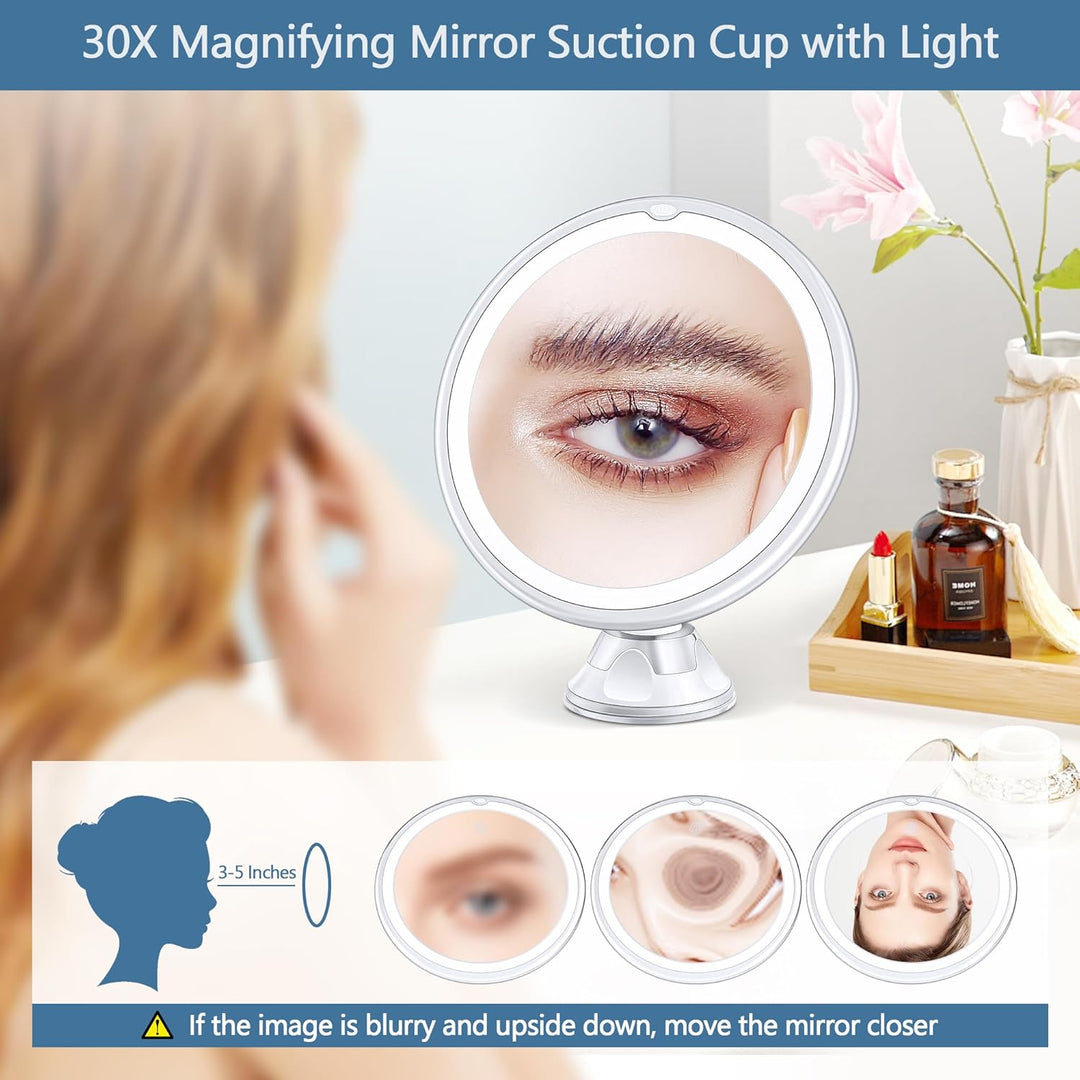 MIYADIVA Vergrösserungsspiegel Mit Licht 30X, Wandmontage Spiegel für Badezimmer, 3 Farben Modi, Ein